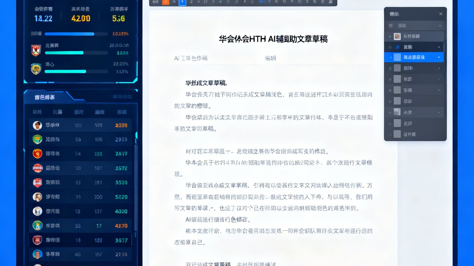 华体会HTH技术团队开发的AI辅助写作系统界面截图，左侧为数据面板展示实时赛事统计，右侧为AI生成的文章草稿，编辑正在屏幕上进行润色修改