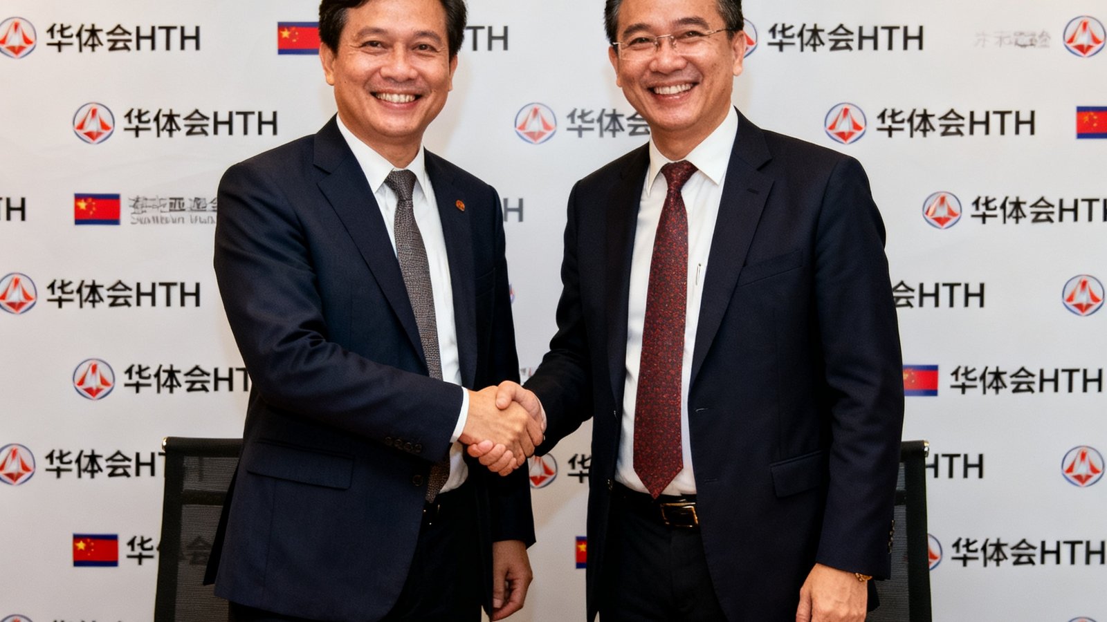 华体会HTH与东南亚合作伙伴在签约仪式上握手合影，双方代表面带笑容站在印有双方Logo的背景板前，桌上摆放着签署完毕的合作协议文件