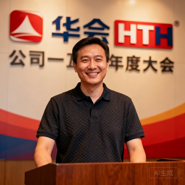 华体会HTH运营副总裁王睿明的头像照片，三十五岁左右的男性，面带微笑，穿着深色polo衫，站在公司年度大会的演讲台上，背景是华体会HTH的品牌标识墙